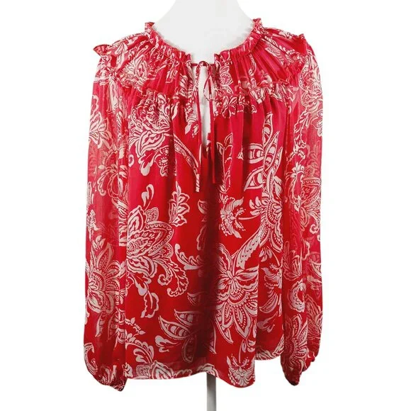 Evereve, M Red and White Print Blouse, Long Sleeve, Tie V Neck Small Ruffle Trim - Picture 3 of 16